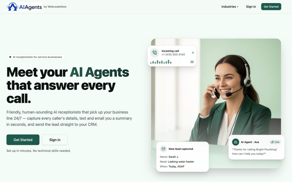 Screenshot of the AI Agents by WebLeadsNow website showing its ai receptionist product