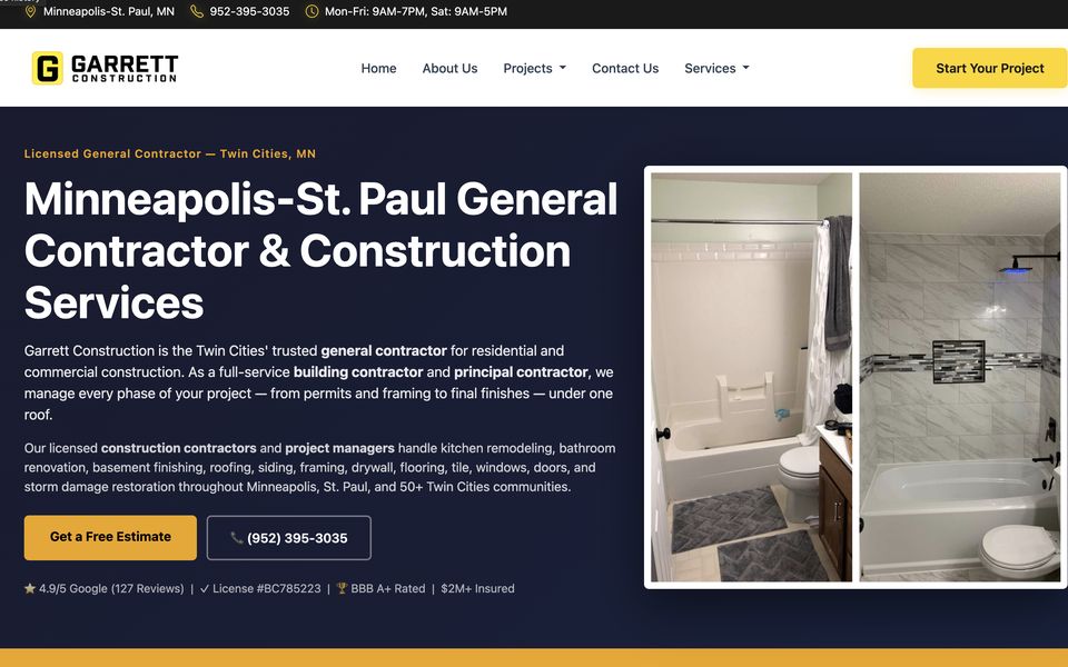 Homepage of the Garrett Construction website, a general contractor in Twin Cities, MN