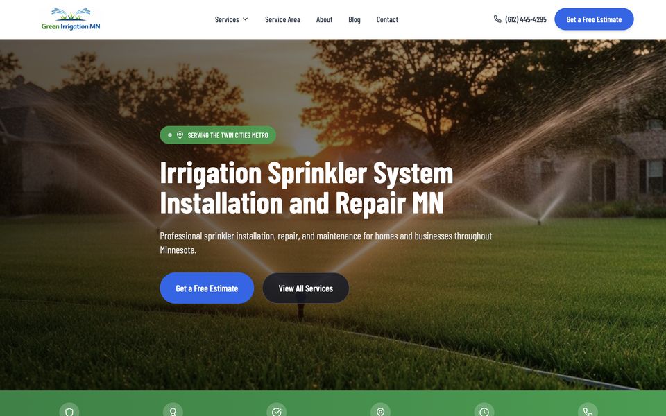 Homepage of Green Irrigation MN, a lead generation website for irrigation & sprinkler contractors