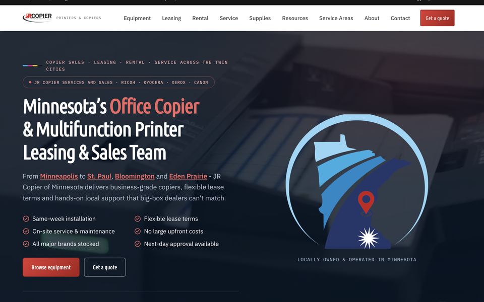 Homepage of the JR Copier of Minnesota website, a copier sales & leasing in Twin Cities, MN