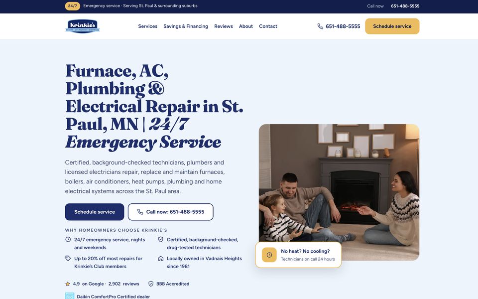 Screenshot of the Krinkie's Heating, Air & Plumbing website built by WebLeadsNow