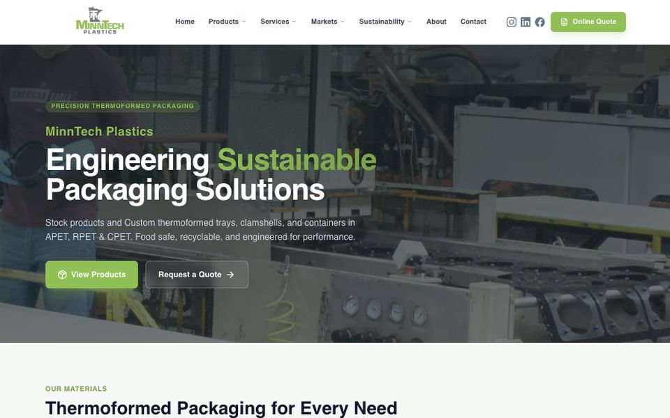 Homepage of the MinnTech Plastics website, a thermoformed packaging in Rogers, MN · Ships nationwide