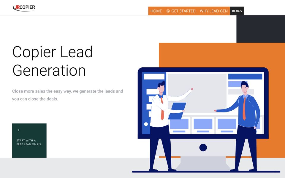 Homepage of Office Equipment Leads, a lead generation website for copier & office equipment dealers