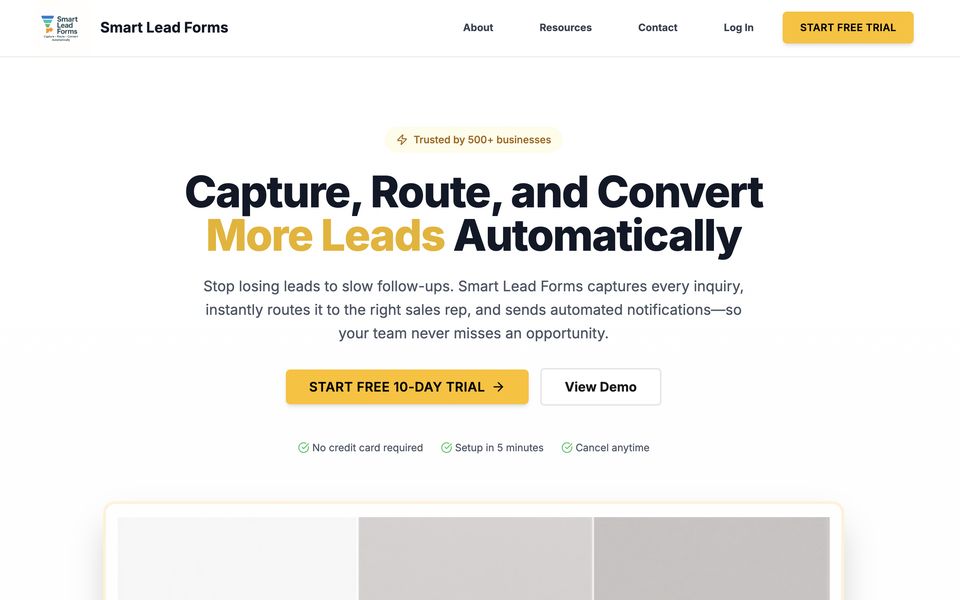 Homepage of the Smart Lead Forms website, a lead form software in SaaS · Nationwide