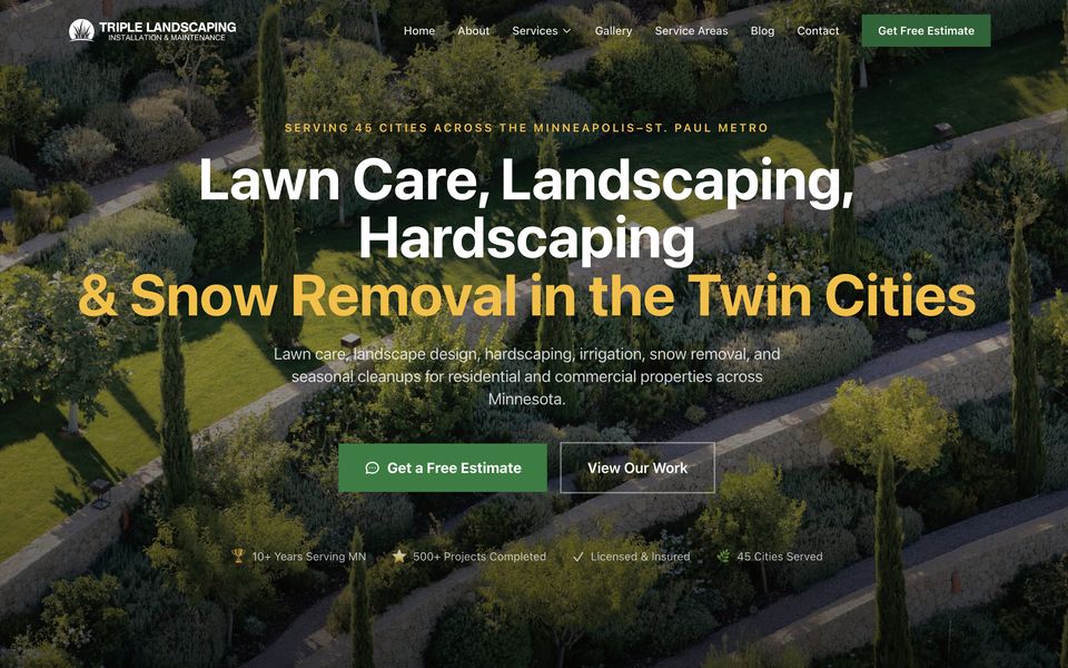 Homepage of Triple Landscaping, a lead generation website for landscaping & snow removal companies