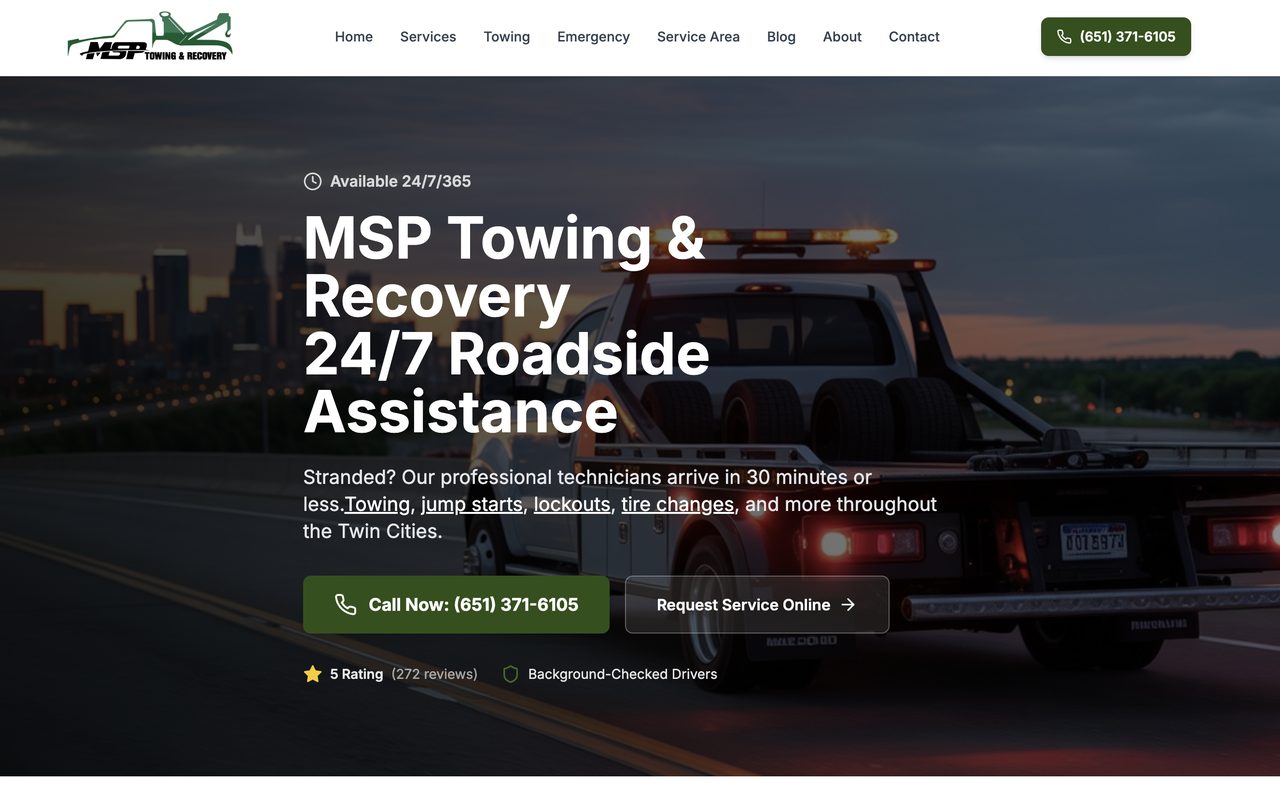 Homepage of the MSP Towing & Recovery website, a towing & roadside assistance lead generation in Minneapolis–St. Paul metro, MN