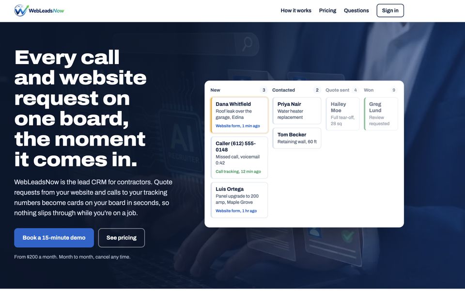 Homepage of the WebLeadsNow CRM website, a lead crm for contractors in SaaS · Nationwide