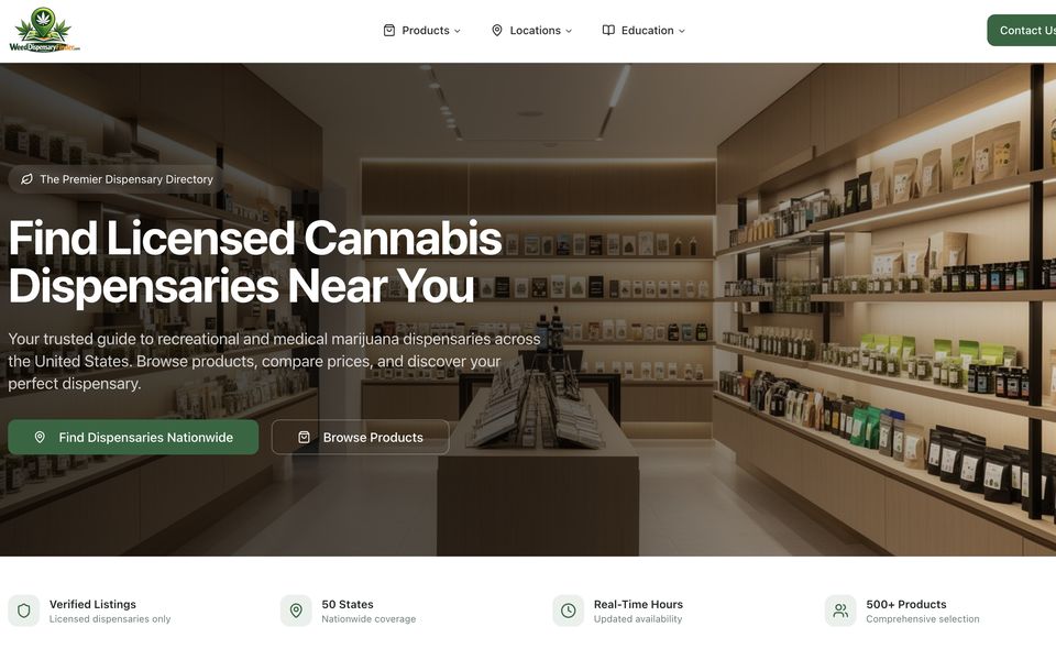 Homepage of Weed Dispensary Finder, a lead generation website for licensed cannabis dispensaries